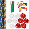 Hallmark Reversible Wrapping Paper Bundle with Ribbon & Gift Tag Stickers – Black, Gold Stripes, Plaid (3 Pack, 120 sq. ft. TTL, 30 Yds. Mini Ribbon, 36 Labels) for Graduations, Weddings, Christmas(Bright Birthday)