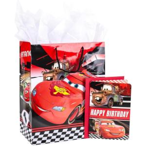 Birthday Hallmark Disney 13″ Large Gift Bag with Tissue Paper (Minnie Mouse, Yellow and Orange with Pink Polka Dots), Kids, Adults, Fans(Cars)