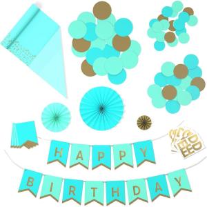 Crayola Color Pop Party Decorations Set – Blue, Purple, Teal, Green (Customizable Banner, Reversible Table Runner, Paper Fan Flowers, Paper Dots) for Birthdays, Holidays, Celebrations(Aquamarine Blue and Gold)