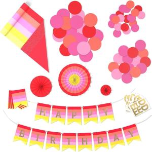 Crayola Color Pop Party Decorations Set – Red, Orange, Pink, Yellow (Customizable Banner, Reversible Table Runner, Paper Fan Flowers, Paper Dots) for Birthdays, Holidays, Celebrations(Scarlet Red  Tickle Me Pink  Melon)