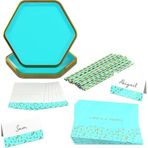 Crayola Color Pop Scarlet Red and Gold Star Party Supplies (12 Paper Plates, 12 Paper Straws, 12 Place cards, 24 Napkins) for Birthdays, Christmas, Graduations, Fourth of July (5CLP1013)(Aquamarine Blue)