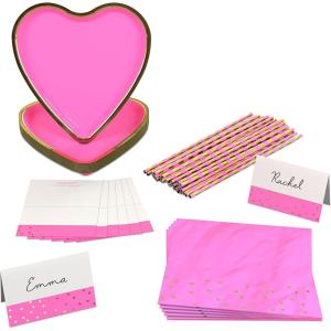 Crayola Color Pop Scarlet Red and Gold Star Party Supplies (12 Paper Plates, 12 Paper Straws, 12 Place cards, 24 Napkins) for Birthdays, Christmas, Graduations, Fourth of July (5CLP1013)(Tickle Me Pink  Metallic Gold Foil)