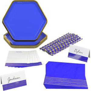 Crayola Color Pop Scarlet Red and Gold Star Party Supplies (12 Paper Plates, 12 Paper Straws, 12 Place cards, 24 Napkins) for Birthdays, Christmas, Graduations, Fourth of July (5CLP1013)(Indigo Blue and Metallic Gold Foil)