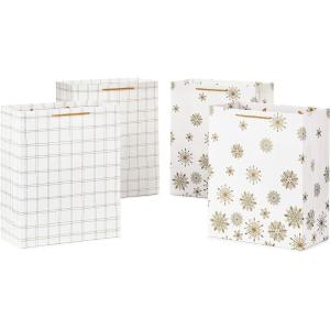 Hallmark 13″ Christmas Gift Bags (4 Large White Bags: Gold Snowflakes, Gold Plaid) for Holiday Parties, Winter Weddings, Bridal Showers(White and Gold)