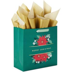 Hallmark 15″ Extra Large Christmas Gift Bag with Tissue Paper (Black Buffalo Plaid with Red Bow)(Emerald Green with Poinsettias)