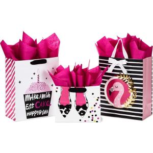 Hallmark Assorted Birthday Gift Bags (8 Bags: 3 Small 6″, 3 Medium 9″, 2 Large 13″) Smiling Sun, Balloons, Cute Flowers and Plants(Flamingo  Shoes  Cake)