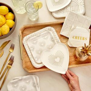 Hallmark Black and Gold Party Supplies (16 Round Dinner Plates, 16 Round Dessert Plates, 16 Beverage Napkins, 16 Dinner Napkins) for Weddings, Graduations, Engagements(Gold and Ivory Hearts  Geometric)