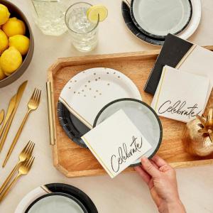Hallmark Black and Gold Party Supplies (16 Round Dinner Plates, 16 Round Dessert Plates, 16 Beverage Napkins, 16 Dinner Napkins) for Weddings, Graduations, Engagements(Chic Black  Ivory  Gold)