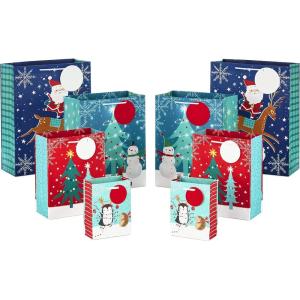 Hallmark Christmas Gift Bag Assortment for Kids (8 Bags: 3 Small 6″, 3 Medium 9″, 2 Large 13″) Red, Blue, Green Plaid, Elf, Santa, Snowman, Oh What Fun!(Penguins  Santa Claus  Snowmen  Christmas Trees)