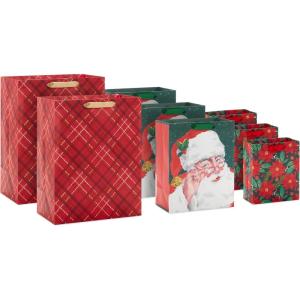 Hallmark Christmas Gift Bag Assortment with Tissue Paper (Pack of 3 Gift Bags: 1 Large 13″, 2 Extra Large 15″) Gold, Plaid, Santa(Red Plaid  Retro Santa  Poinsettia)