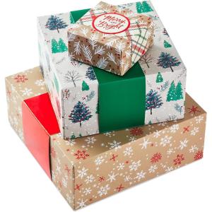 Hallmark Christmas Gift Boxes 3-Pack Assorted Sizes (Red & Green Stripes, Plaid, Polka Dots) for Hostess Gifts, Holiday Parties, Wrapped Treats(Holly  Christmas Trees  Snowflakes)