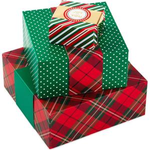 Hallmark Christmas Gift Boxes 3-Pack Assorted Sizes (Red & Green Stripes, Plaid, Polka Dots) for Hostess Gifts, Holiday Parties, Wrapped Treats(Stripes  Dots  Plaid)