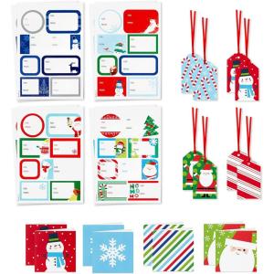 Hallmark Christmas Gift Tags with Ribbon, Sticker Seals, and Mini Notecards (Santa, Snowman, Stripes, Red, Green, Blue) for Gift Bags and Wrapped Presents