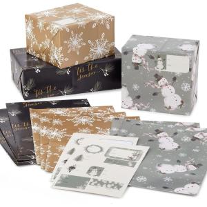 Hallmark Cute Christmas Flat Wrapping Paper Sheets with Cutlines on Reverse (12 Folded Sheets with Sticker Gift Tags) Pink, Mint Green, Plants, Cactus, Presents, Ornaments(Snowman  Snowflakes  Tis the Season)