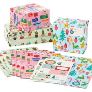 Hallmark Cute Christmas Flat Wrapping Paper Sheets with Cutlines on Reverse (12 Folded Sheets with Sticker Gift Tags) Pink, Mint Green, Plants, Cactus, Presents, Ornaments(Ornaments  Cactus  Wrapped Presents)