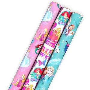 Hallmark Disney Princess and Frozen Wrapping Paper with Cutlines on Reverse (3 Rolls: 60 Square Feet Total) for Birthdays, Christmas, Valentine’s Day(Blue  Pink  White)