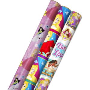 Hallmark Disney Princess and Frozen Wrapping Paper with Cutlines on Reverse (3 Rolls: 60 Square Feet Total) for Birthdays, Christmas, Valentine’s Day(Pink  Purple  White)