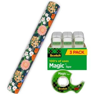 Hallmark Floral Wrapping Paper Roll and Scotch Magic Tape (1 Mini Gift Wrap Roll with 3 Rolls of Tape) Wildflowers for Birthdays, Bridal Showers, Baby Showers, Any Occasion(Wrapping Paper & Scotch Magic Tape)