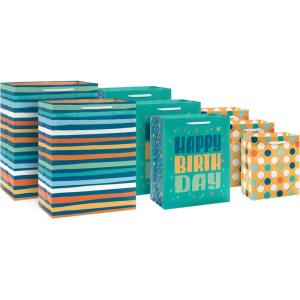 Hallmark Gift Bag Assortment (8 Bags: 3 Small 6″, 3 Medium 9″, 2 Large 13″) Kids Birthday, Good Vibes, Retro Icons(Teal Stripes  Dots  Happy Birthday)