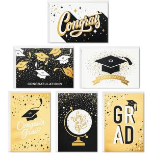 Hallmark Graduation Cards Bulk Assortment, Black and Gold (36 Cards and Envelopes, 6 Designs)(Black and Gold Congrats  36 Cards)