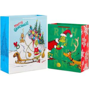 Hallmark Grinch Christmas Gift Bags for Kids (2 Bags: 1 Large 13″, 1 Extra Large 15″) Grinch with Max and Sleigh, Dr. Seuss’ How the Grinch Stole Christmas!(Gift Bags)
