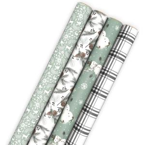 Hallmark Holiday Wrapping Paper Bundle with Cut Lines on Reverse, Elegant Woodland (Pack of 4, 120 sq. ft. TTL) Peace and Joy, Deer, Pinecones, Snowflakes, Blue, Gold(White and Sage Green Evergreen Pinecones  Rustic Snowmen  Plaid  Nordic Deer and Foliage)