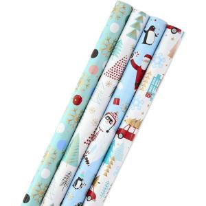 Hallmark Holiday Wrapping Paper Bundle with Cut Lines on Reverse, Elegant Woodland (Pack of 4, 120 sq. ft. TTL) Peace and Joy, Deer, Pinecones, Snowflakes, Blue, Gold(Yeti  Santa  Penguin  Snowflakes  Blue  Gold)
