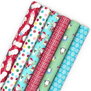 Hallmark Kids Christmas Wrapping Paper Rolls with Cutlines on Reverse (6 Rolls: 180 Sq. Ft. Total) Dinosaur, Unicorn, Flamingo, Koala(Snowman  Dots  Santa  Snowflakes  Penguins)