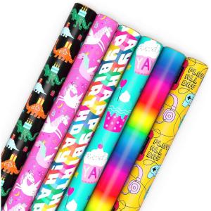 Hallmark Kids Wrapping Paper with Cutlines on Reverse (6 Rolls: 180 Sq. Ft. Total) Dinosaurs, Unicorns, Rainbow, Video Games(Dinosaurs  Unicorns  Rainbow  Video Games)