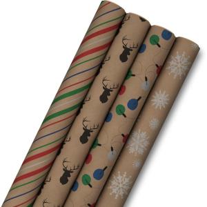 Hallmark Kraft Christmas Wrapping Paper for Kids with Cut Lines on Reverse (4 Rolls: 88 sq. ft. ttl) Penguins, Santa, Snowmen, Polka Dots(Christmas Lights  Deer  Snowflakes  Red  Green  Blue Stripes)