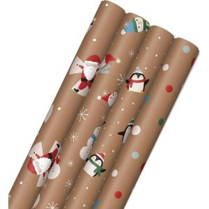 Hallmark Kraft Christmas Wrapping Paper for Kids with Cut Lines on Reverse (4 Rolls: 88 sq. ft. ttl) Penguins, Santa, Snowmen, Polka Dots(Penguins  Santa  Snowmen  Polka Dots)