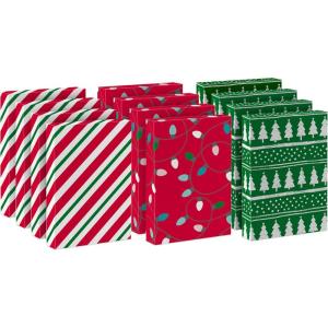 Hallmark Medium Christmas Gift Boxes with Lids (12 Shirt Boxes, 3 Designs: Lights, Trees, Red and Green Stripes) for Christmas, Holiday Parties, Hostess Gifts(1 Count (Pack of 12))