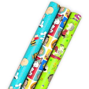 Hallmark Peanuts Wrapping Paper Rolls for Birthdays, Easter, Christmas (Set of 3 Rolls: 60 Sq. Ft. Total) Snoopy, Charlie Brown, Woodstock, Green, Blue, Red(All Occasion Wrapping Paper)
