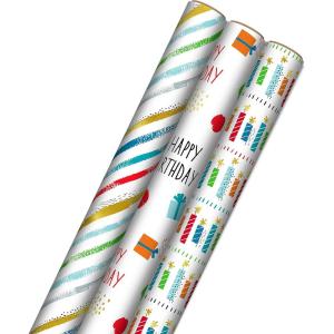 Hallmark Recycled Wrapping Paper with Cutlines on Reverse (3 Rolls: 60 Sq. Ft. Ttl) Red, Blue, Green, Gold Stripes, Candles, “Happy Birthday” for Kids and Adults(Stripes  Presents  Birthday Candles)