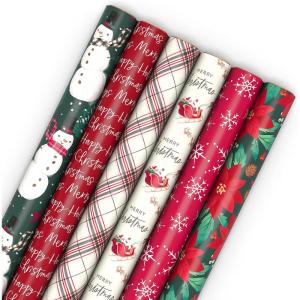 Hallmark Recycled and Recyclable Christmas Wrapping Paper Rolls with Cutlines on Reverse (6 Rolls: 150 Sq. Ft. Total) Deer, Mittens, Citrus with Pinecones, Red and Green Quilt(Snowman  Plaid  Santa’s Sleigh  Snowflakes  Poinsettia)