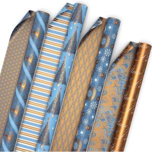 Hallmark Reversible Christmas Wrapping Paper Bundle, Elegant Blue and Gold (4 Rolls: 150 sq. ft. ttl.) Dark Blue, Gold, Teal Snowflakes, Peace, Stripes, Geometric(Elegant Blues)