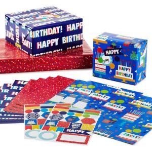 Hallmark Reversible Flat Wrapping Paper Sheets (12 Folded Sheets with Sticker Seals) Rainbow Happy, Exclamation Points, Polka Dots, Confetti for Birthdays, Graduations, Celebrations(Blue Red Dark Blue and Multicolor)