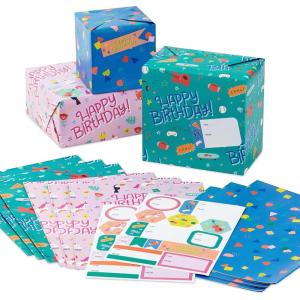 Hallmark Reversible Flat Wrapping Paper Sheets (12 Folded Sheets with Sticker Seals) Rainbow Happy, Exclamation Points, Polka Dots, Confetti for Birthdays, Graduations, Celebrations(Pink  Blue  Green)