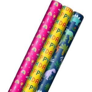 Hallmark Reversible Kids Birthday Wrapping Paper, Monsters and Unicorns (Pack of 3, 120 sq. ft. ttl.)(Rainbows  Dinosaurs  “Happy Birthday”)