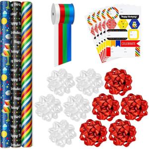 Hallmark Reversible Wrapping Paper Bundle with Ribbon & Gift Tag Stickers – Black, Gold Stripes, Plaid (3 Pack, 120 sq. ft. TTL, 30 Yds. Mini Ribbon, 36 Labels) for Graduations, Weddings, Christmas(Bright Birthday)