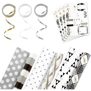 Hallmark Reversible Wrapping Paper Bundle with Ribbon & Gift Tag Stickers – Black, Gold Stripes, Plaid (3 Pack, 120 sq. ft. TTL, 30 Yds. Mini Ribbon, 36 Labels) for Graduations, Weddings, Christmas(White  Black  Gold  Gray)