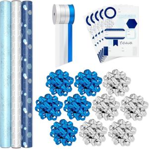 Hallmark Reversible Wrapping Paper Bundle with Ribbon & Gift Tag Stickers – Black, Gold Stripes, Plaid (3 Pack, 120 sq. ft. TTL, 30 Yds. Mini Ribbon, 36 Labels) for Graduations, Weddings, Christmas(Blue and Silver)