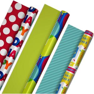 Hallmark Reversible Wrapping Paper Roll Bundle, Peach & Purple Flowers, Pink Stripes, Balloons (3 Rolls: 75 sq. ft. ttl.) for Birthdays, Mother’s Day, Weddings, Baby Showers, and Bridal Showers(Reversible Birthday)