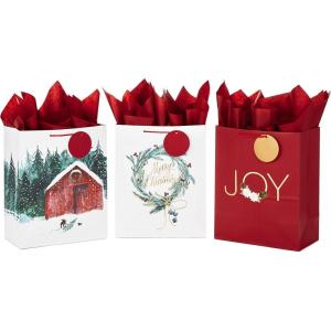 Hallmark Rustic Bag Assortment (8 Bags: 4 Medium 9″, 4 Large 13″) Snowy Red Barn, Red Truck, Plaid, Painted Wood Sign(Large)