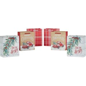 Hallmark Rustic Bag Assortment (8 Bags: 4 Medium 9″, 4 Large 13″) Snowy Red Barn, Red Truck, Plaid, Painted Wood Sign(Small)