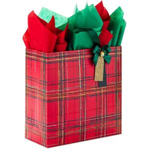 Hallmark Signature 7″ Medium Christmas Gift Bag with Tissue Paper (Hunter Green and Gold Tree, Happy Holidays) with Foil, Glitter, Metal Handle(Red Plaid)