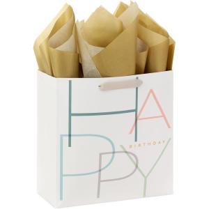 Hallmark Signature Studio 10″ Large Square Gift Bag with Tissue Paper (Happy Birthday) Teal, Gray, Pink, Blue on White(Minimal Teal  Gray  Pink  Blue)