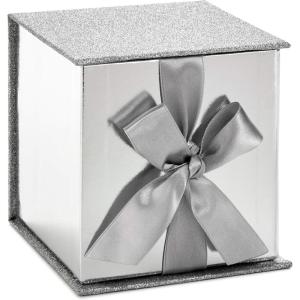 Hallmark Small Gift Box with Bow and Shredded Paper Fill (Red Signature 4 inch Gift Box with Glitter) for Birthdays, Graduations, Anniversaries, Christmas, Valentine’s Day, All Occasion(Silver Glitter)