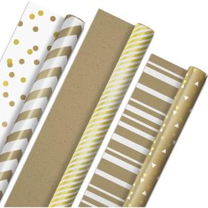 Hallmark White and Gold Wrapping Paper Rolls for Graduation, Birthday, Wedding, Bridal Shower, All Occasion – Brown Kraft Gift Wrap (Set of 3 Reversible Rolls: 75 sq. ft. ttl.)(Kraft Gold and White)