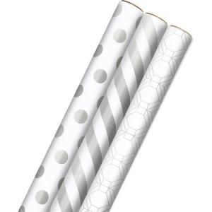 Hallmark White and Gold Wrapping Paper Rolls for Graduation, Birthday, Wedding, Bridal Shower, All Occasion – Brown Kraft Gift Wrap (Set of 3 Reversible Rolls: 75 sq. ft. ttl.)(Metallic White and Silver)